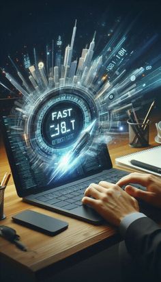 a man is typing on his laptop in front of a futuristic clock and cityscape