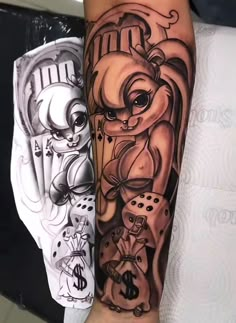 a person with a tattoo on their arm holding onto a clock and playing cards in front of them