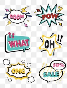 various comic speech bubbles with different colors and shapes on them, including the word'what?