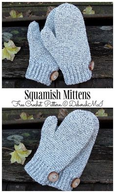 two pictures of mittens with buttons on them and the words, squish mittens