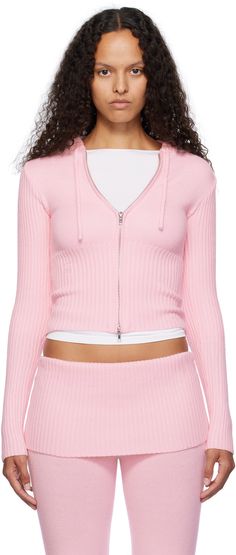 Knit acrylic-blend hoodie. · Rib-knit hood, hem, and sleeves · Drawstring at hood · Two-way zip closure · Logo embroidered at hem Supplier color: Cozy pink Bikinis Pink, Crochet Hoodie, Hoodie Cozy, Frankies Bikinis, Knitted Hood, Knit Hoodie, Knit Set, White Hoodie, Zip Up Hoodie