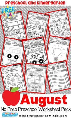 the august preschool worksheet pack includes four different activities