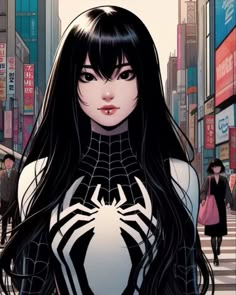 a woman with long black hair standing in the middle of a street wearing a spider - man costume