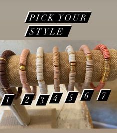 "High Quality Heishi Bead stretch bracelets! Choose from many color options ~ beautiful gold spacer variations! 6mm Custom bracelets with endless options. Boho/ chic vibes. Please also include a rough size of your wrist. ( tips below) Basic bracelet size is 6.5\" can accommodate to a size 7 or 7.5 These bracelets will stretch. Please try not to get your bracelets wet. The gold may turn Here are the basic to know: Pick your style of Bracelet and color or colors 1. Use the personalize box at check Bracelets Stacked, Bead Stretch Bracelets, Basic Bracelet, Stacked Bracelets, Notes Style, Chic Vibes, Heishi Beads, Name Bracelet, Gold Accent