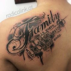 the back of a man's shoulder with his name tattoo