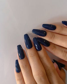 Trendy Nails Dark Blue, Pretty Dark Blue Nails, Midnight Blue Nails Acrylic Almond, Dark Blue Almond Nails Short, Navy Blue Almond Nail Designs, Square Navy Blue Nails, Russian Navy Nails, Nails Ideas One Color, Blue Square Nail Designs