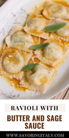 ravioli with butter and sage sauce on a white plate