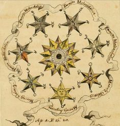 a drawing of five pointed stars in the middle of a circle with writing on it