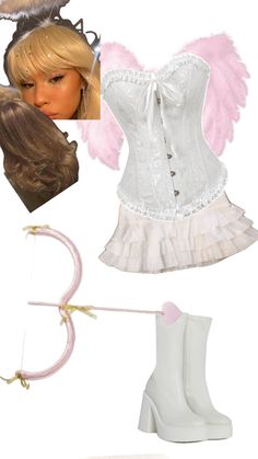 a white corset with angel wings and boots next to a pink headband