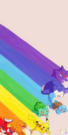 the pokemons are all lined up in front of a rainbow - colored wallpaper