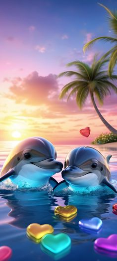 two dolphins are swimming in the ocean with hearts floating around them and palm trees behind them