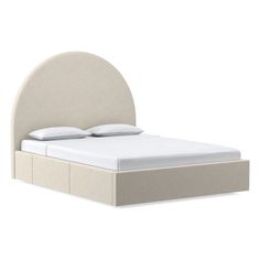 a bed with a white headboard and pillows on it's sides, in front of a white background