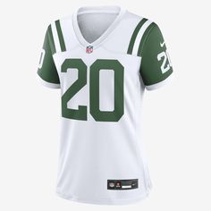 Rep one of your team's top stars with this New York Jets Jersey. Proper ventilation and a form fit help provide a dry, comfortable wear with the authentic look of the on-field uniform. White Sporty Jersey For Football Season, White Sportswear Jersey, White Jersey For Football Season Sports, White Football Season Sports Jersey, White Sports Jersey For Football Season, White Jersey For Sports Season, White Sporty Jersey For Sports Events, White Sporty Jersey With Team Logo, White Jersey For Fan Gear