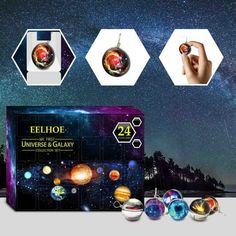 the solar system is being displayed in front of some other items, including an ornament and magnets