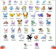 the pokemon characters are all in different colors and sizes, with their names on them