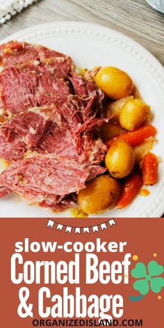 slow cooker corned beef and cabbage on a white plate with text overlay