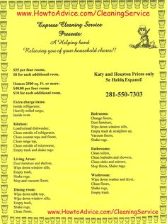 the cleaning service flyer is yellow and has black writing on it, which reads how to clean