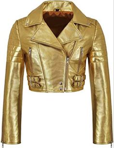 Bold golden biker jacket with a cropped fit and real leather construction, sleek, edgy motorcycle-inspired look. Free shipping on all leather studded jackets Premium Shiny Golden Leather: Crafted from top-quality real leather with a radiant golden finish, offering durability and a luxurious feel. Motorcycle Style: Features iconic elements like an asymmetrical front zipper, wide notched lapels, and shoulder epaulets for a classic biker look with a modern twist. Cropped Fit: Short, body-hugging de Motorbike Leathers, Lambskin Jacket, Studded Leather Jacket, Metallic Shorts, Mens Leather Pants, Real Leather Bags, Studded Jacket, Cropped Leather Jacket, Leather Motorcycle Jacket