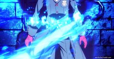 an anime character standing in front of a brick wall with blue light coming from behind