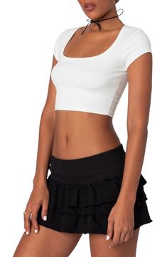 Sass is the style directive for this cute cropped top you'll wear when the temps rise. Square neck Short sleeves 80% polyester, 20% spandex Hand wash, dry flat Imported Seamless Fitted Cropped T-shirt For Summer, Casual Cropped Seamless T-shirt, Crew Neck Elastane Crop Top With Stretch, Sporty Fitted Crop Top T-shirt, Athleisure Elastane Crop Top With Scoop Neck, Trendy Fitted Cropped T-shirt For Workout, Athleisure Scoop Neck Elastane Crop Top, Scoop Neck Elastane Crop Top For Athleisure, Basic Cropped Workout Crop Top