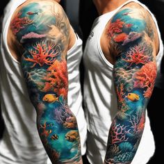 a man's arm with an ocean scene and corals on it, while he is wearing a white tank top