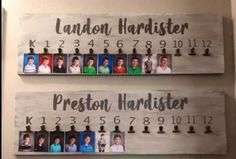 two wooden signs with photos on them that say, london hamster and preston hamster