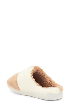 High-pile fleece furthers the comfort of a slipper lofted by a chunky platform and finished with a cute graphic. 1/4" platform Synthetic upper, lining and sole Imported Comfortable White Synthetic Platform Slippers, Affordable Comfortable Non-slip Platform Slippers, Cozy White Slippers With Plush Lining, Comfortable Slip-on Beach Platform Slippers, White Synthetic Winter Slippers, Beige Synthetic Indoor Slippers, Casual Beach Platform Slippers With Cork-bed Midsoles, Summer Platform Slippers With Cork-bed Midsoles, Synthetic Slip-on Platform Slippers For Beach