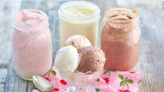 three different types of ice cream on a table