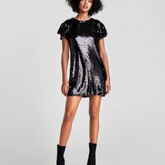 Brand-New With Tags Black Sequinned Mini Dress. Dress Is Short Sleeved With Round Neckline And Features An A-Line Silhouette. Dress Is Size Small !!! Short Sequin Dress, Night Clothes, Sequin Dress Short, Dress Zara, Eve Dresses, New Years Eve Dresses, Comfy Dresses, Straight Dress, Perfect Wardrobe