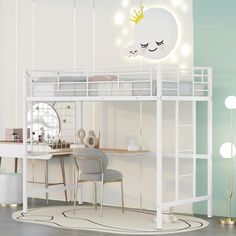 a white bunk bed with a desk and chair underneath it in a room that has lights on the ceiling