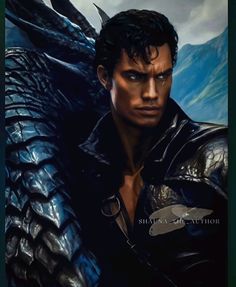 a man in black leather jacket standing next to a dragon