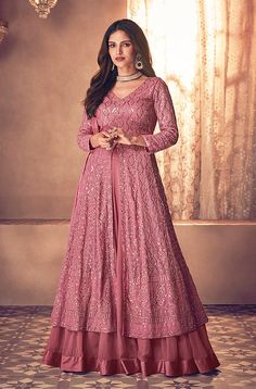 Charm Pink Designer Embroidered Wedding Lehenga Style Anarkali Suit-Saira's Boutique Long Choli Lehenga, Mega Mart, Pink Anarkali, Anarkali Lehenga, Lehenga Suit, Pink Gown, Lehenga Style, Salwar Kamiz, Designer Anarkali