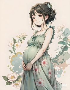 a pregnant woman in a green dress with flowers on her head and arms behind her back