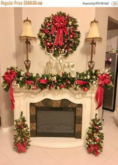 a fireplace decorated for christmas with red and green decorations