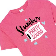 Get your Slumber Party Squad hyped up for a night full of giggling, snacks and very little sleep! These cute t-shirts are perfect to hand out with slumber party invites or to give as slumber party favors. Matching shirts will make for some fun slumber party photos! Be sure to check out all the fun slumber party supplies available here on this website.

o Fits sizes 18-20.
o Brand: Fruit of the Loom
o Short sleeve.
o 50/50 Cotton/Polyester, 5 oz.
o High-density fabric for exceptional print clarit Spa Sleepover, Spa Sleepover Party, Slumber Party Activities, Slumber Party Favors, Birthday Sleepover, 12 Birthday, Cute T Shirts, Cute Sleepwear, Slumber Party