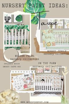 a collage of nursery items including a crib, bedding and wall hangings