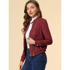 Refresh your Moto jacket collection with this lightweight jacket. Simple and understated, designed with a stand collar and center-front zip closure, making it versatile for styling up and down. It boasts button embellishments across the cuffs and neckline, inspired by the classic biker design. A contemporary join on a classic design, pair it this with jeans or over a dress for a chic outfit. Red Biker Jacket With Zipper Closure For Fall, Chic Red Fitted Biker Jacket, Fitted Burgundy Biker Jacket With Zipper Closure, Red Moto Outerwear With Zipper Closure, Red Long Sleeve Biker Jacket With Zipper Closure, Short Biker, Biker Design, Womens Moto Jacket, Button Embellishments