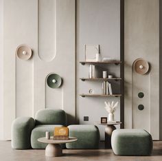 a living room filled with furniture next to bookshelves and shelves on the wall