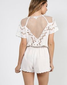 Netted Short Sleeve Romper - White – 2020AVE #coachella Festival Inspo, Short Sleeve Romper, Night Looks, Summer Trends, Mode Inspiration, Strappy Sandals, Cut Outs, At Night