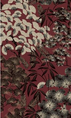 an image of flowers and leaves on a red background with black and white colors,