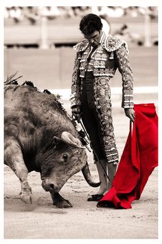 a man in an elaborate outfit is standing next to a bull