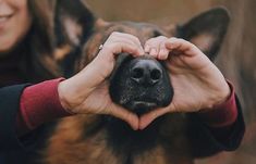 a woman is holding her dog's nose to show it's heart shape