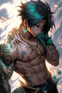 an anime character with tattoos and piercings on his chest, standing in front of clouds