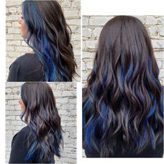 Blue Pieces In Hair, Ash Brown And Blue Hair, Midnight Blue Hair On Brown Hair, Blue Hair For Brown Hair, Dark Brown Hair With Blue Peekaboos, Dark Hair With Blue Streaks, Black And Brown Hair Ideas, Color Streaks In Brown Hair Underneath, Blue Color Hair Highlights