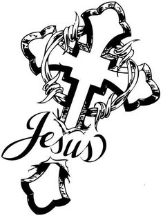 the word jesus written in black ink on a white background with a cross and barbed wire