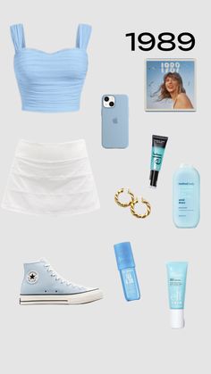 the contents of a woman's blue top and white skirt