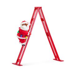 santa claus climbing the ladder to reach his christmas tree ornament, isolated against a white background