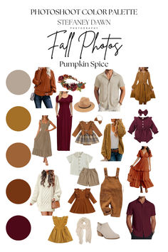 Vibrant fall color palette with orange, brown, and cream hues. Family Photos Autumn What To Wear, Orange Fall Family Pictures Outfits, Fall Theme Family Pictures, Fall Photoshoot Outfits For Couples, Color Schemes For Photo Shoots, Fall Family Color Scheme, Fall Family Photos Pumpkin Patch, Family Photo Outfits Fall Color Schemes, Family Photoshoot Outfits Color Schemes