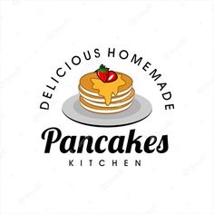 a pancake logo with the words delicious homemade pancakes written on it and a strawberry on top