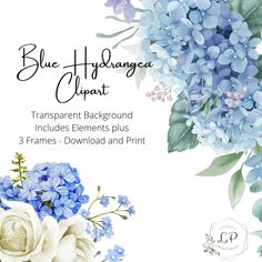 blue hydrangea clipart with white flowers and greenery on the bottom right corner